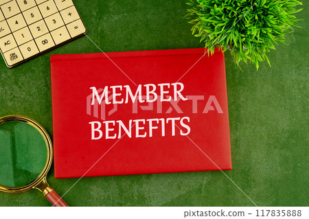 Member Benefits, e-commerce conceptual. MEMBER BENEFITS words written on the cover of a business book on a green saturated background 117835888