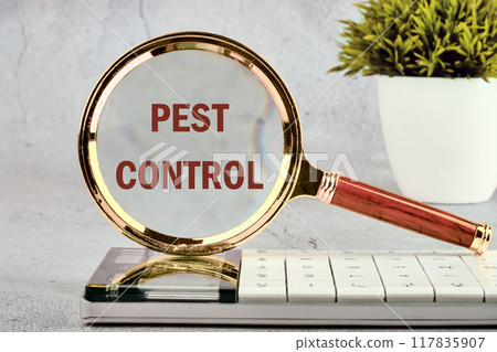 Pest control phrase written through the glass of a magnifying glass standing on a calculator on a gray background 117835907