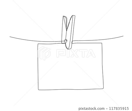 Piece of paper hanging on rope with clothespin, one continuous line drawing. Empty frame in outline doodle style 117835915