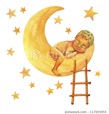 Isolated watercolor clipart of cute naked baby sleeping on moon with stepladder, leaning against it. Infant girl dreaming sweetly among stars. For baby shower decorations or nursery prints and designs Isolated watercolor clipart of cute naked baby sleeping on moon with stepladder, leaning against it. Infant girl dreaming sweetly among stars. For baby shower decorations or nursery prints and designs 117835954