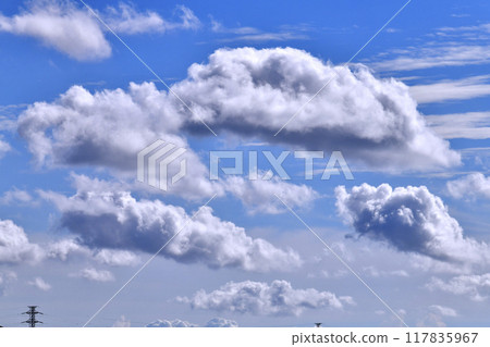 Yokohama cityscape in Japan. Power lines and summer sky. The Japanese archipelago continues to experience intense heat...Huge clouds float in the sky = August Yokohama cityscape in Japan. Power lines and summer sky. The Japanese archipelago continues to experience intense heat...Huge clouds float in the sky = August 117835967