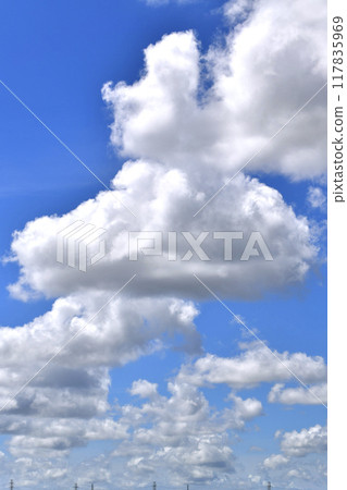 日本橫濱城市景觀輸電線和夏日的天空。日本列島繼續經歷酷熱...天空中漂浮著巨大的雲=八月 117835969