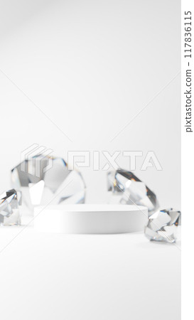 白色背景上的底座和多個鑽石。 3D(垂直) 白色背景上的底座和多個鑽石。 3D(垂直) 117836115
