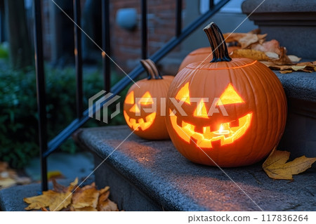 Glowing pumpkins lantern halloween.. Generative AI. 117836264