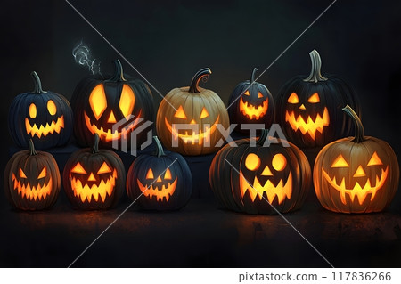 Pumpkins with different evil faces in Halloween night. Generative AI. 117836266