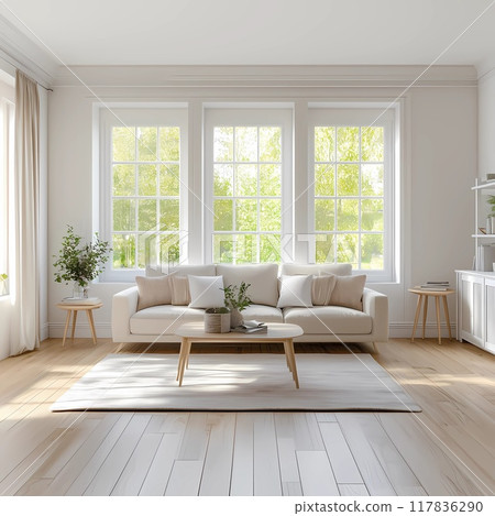 Light living room with window, table and comfortable. Generative AI. Light living room with window, table and comfortable. Generative AI. 117836290