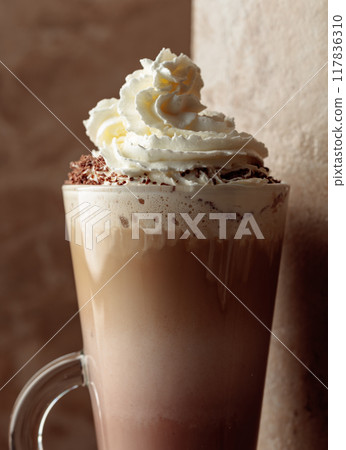 Milk coffee cocktail with whipped cream. Milk coffee cocktail with whipped cream. 117836310