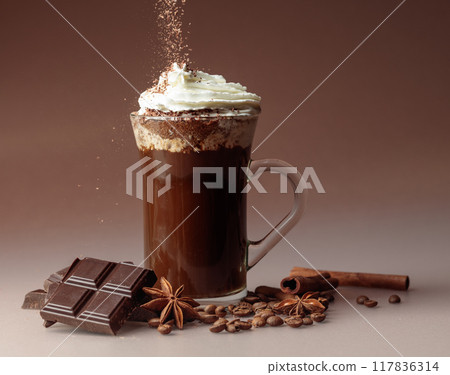 Coffee with whipped cream and chocolate. 117836314