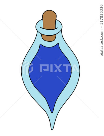 Bottle of blue poison with cork. Halloween witch equipment. Vector flat illustration. 117836336