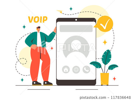 VOIP or Voice Over Internet Protocol Vector Illustration with Telephony Scheme Technology and Network Phone Call Software in Flat Background 117836648