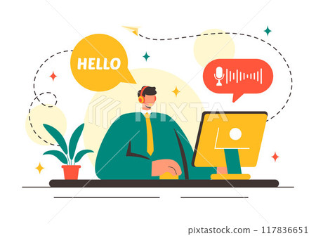 VOIP or Voice Over Internet Protocol Vector Illustration with Telephony Scheme Technology and Network Phone Call Software in Flat Background 117836651