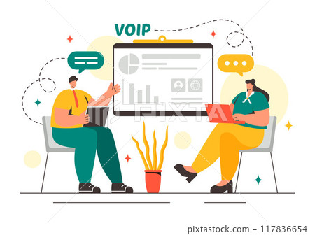 VOIP or Voice Over Internet Protocol Vector Illustration with Telephony Scheme Technology and Network Phone Call Software in Flat Background 117836654
