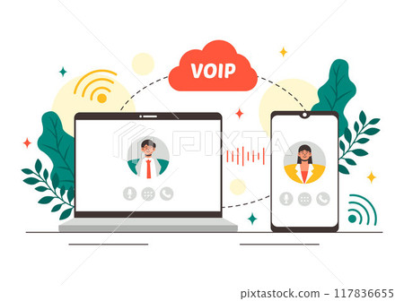 VOIP or Voice Over Internet Protocol Vector Illustration with Telephony Scheme Technology and Network Phone Call Software in Flat Background 117836655