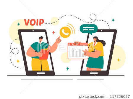 VOIP or Voice Over Internet Protocol Vector Illustration with Telephony Scheme Technology and Network Phone Call Software in Flat Background 117836657