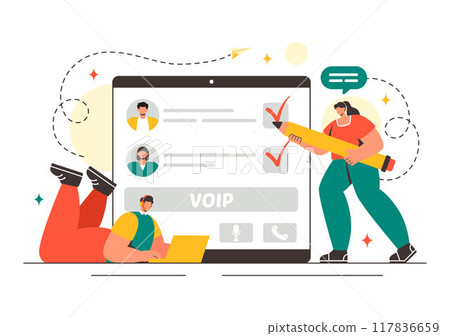 VOIP or Voice Over Internet Protocol Vector Illustration with Telephony Scheme Technology and Network Phone Call Software in Flat Background 117836659