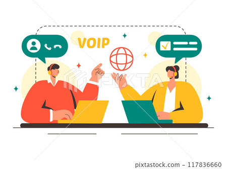 VOIP or Voice Over Internet Protocol Vector Illustration with Telephony Scheme Technology and Network Phone Call Software in Flat Background 117836660