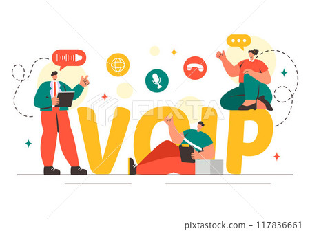 VOIP or Voice Over Internet Protocol Vector Illustration with Telephony Scheme Technology and Network Phone Call Software in Flat Background 117836661