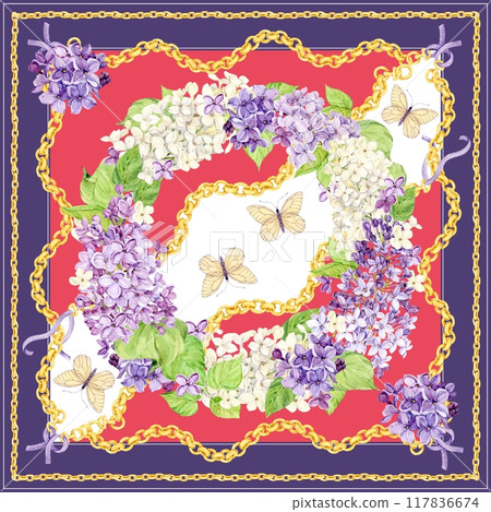 Watercolor pattern for silk scarf and textile print. Design of neckerchief or bandana. Spring flowers lilac, butterflies and golden juvenile chains. Baroque style for textile, wallpaper, covers. Watercolor pattern for silk scarf and textile print. Design of neckerchief or bandana. Spring flowers lilac, butterflies and golden juvenile chains. Baroque style for textile, wallpaper, covers. 117836674