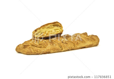 Cake of puff pastry with filling on white background, close-up Cake of puff pastry with filling on white background, close-up 117836851
