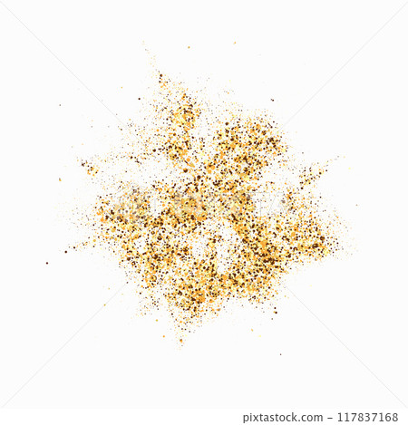 Scattered golden particles on white background. Holiday background or design element. 117837168