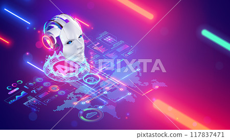 AI chat bot technology concept. Robot, chat bot head hanging over digital map of world. Development Artificial intelligence support service. AI chatbot support online users all world through internet. AI chat bot technology concept. Robot, chat bot head hanging over digital map of world. Development Artificial intelligence support service. AI chatbot support online users all world through internet. 117837471