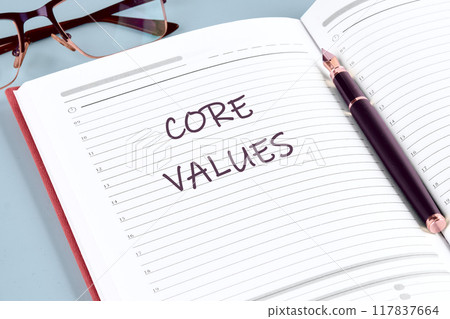 Business and core values concept in the notebook of a businessman, manager, top manager Business and core values concept in the notebook of a businessman, manager, top manager 117837664