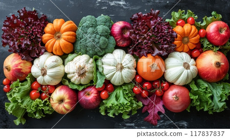 Various fresh ingredients neatly arranged on a kitchen countertop, fruits and vegetables Various fresh ingredients neatly arranged on a kitchen countertop, fruits and vegetables 117837837