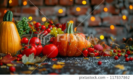 Various fresh ingredients neatly arranged on a kitchen countertop, fruits and vegetables 117837862