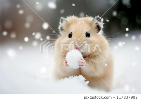 Golden hamster playing in the snow 117837992