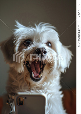 Maltese dog looking happy at smartphone 117838009