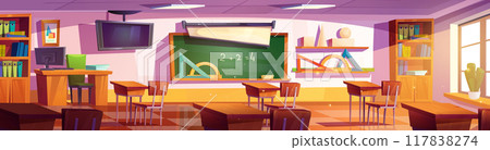Empty school classroom interior with desk vector Empty school classroom interior with desk vector 117838274