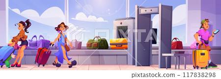 People with luggage in airport terminal People with luggage in airport terminal 117838298