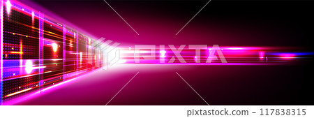 Data center room tunnel with neon light glow. 117838315