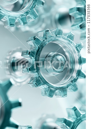 Transparent light cyan glass gears in motion Transparent light cyan glass gears in motion 117838366