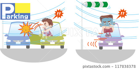 Traffic safety <Car troubles in strong winds, cars blown by crosswinds and when opening and closing doors> 117838378