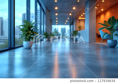 Defocus a long hallway with lots of potted plants and a few chairs in a modern business center 117838638