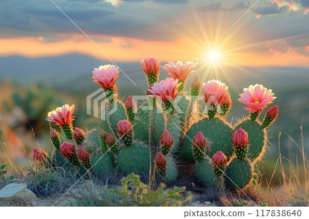 Pink flowers of prickly pear cactus in the desert at sunset 117838640