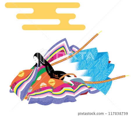 穿著 junihitoe 長袍的婦女的側面視圖插圖。 117838739