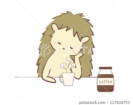 Illustration of a hedgehog drinking coffee and relaxing Illustration of a hedgehog drinking coffee and relaxing 117838753