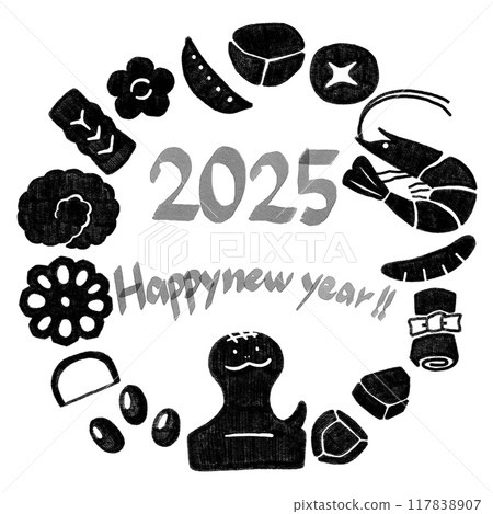 Hand-drawn New Year's round frame _ 2025 Year of the Snake _ Black stamp style Hand-drawn New Year's round frame _ 2025 Year of the Snake _ Black stamp style 117838907