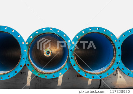 Worker welded a steel flange joint to main pipeline. Worker welded a steel flange joint to main pipeline. 117838920