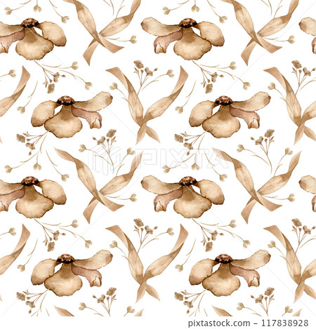 Flowers and leaves in light brown colors watercolor monochrome seamless pattern. Floral sepia colors background isolated . Coffee tones plants hand drawn for design textile, packaging Flowers and leaves in light brown colors watercolor monochrome seamless pattern. Floral sepia colors background isolated . Coffee tones plants hand drawn for design textile, packaging 117838928