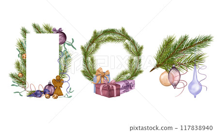 Frame with Christmas tree branches in watercolor illustration isolated. Pine branches and ball decorations hand drawn. Spruce and gift boxes in frame. Elements for design New Year invitation, card. Frame with Christmas tree branches in watercolor illustration isolated. Pine branches and ball decorations hand drawn. Spruce and gift boxes in frame. Elements for design New Year invitation, card. 117838940
