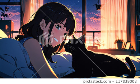Silhouette of a woman and a black cat relaxing in a room 117839008