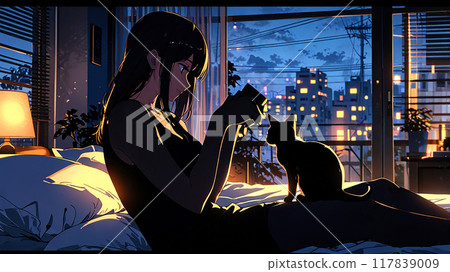 Silhouette of a woman and a black cat relaxing in a room 117839009