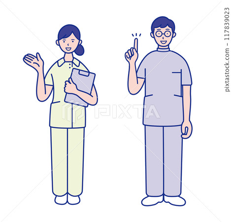 Full-body illustration of a female nurse holding a binder and a male nurse pointing at something [set] 117839023