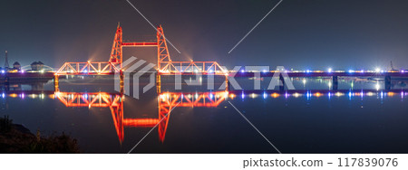 Illuminated lift bridge scenery: Chikugo River Lift Bridge, Morotomi, Saga City "The border between Saga and Fukuoka prefectures" 117839076