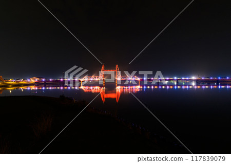 Illuminated lift bridge scenery: Chikugo River Lift Bridge, Morotomi, Saga City "The border between Saga and Fukuoka prefectures" Illuminated lift bridge scenery: Chikugo River Lift Bridge, Morotomi, Saga City "The border between Saga and Fukuoka prefectures" 117839079