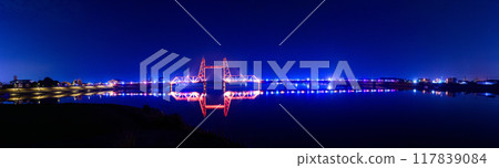 Illuminated lift bridge scenery: Chikugo River Lift Bridge, Morotomi, Saga City "The border between Saga and Fukuoka prefectures" Illuminated lift bridge scenery: Chikugo River Lift Bridge, Morotomi, Saga City "The border between Saga and Fukuoka prefectures" 117839084