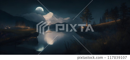 夜晚的月亮、湖泊和城鎮燈光 夜晚的月亮、湖泊和城鎮燈光 117839107